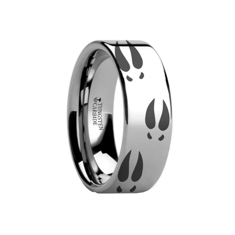 heart-shaped engagement rings for women-Animal Design Ring - Deer Print - Deer Track -  Laser Engraved - Flat Tungsten Ring - 4mm - 6mm - 8mm - 10mm - 12mm