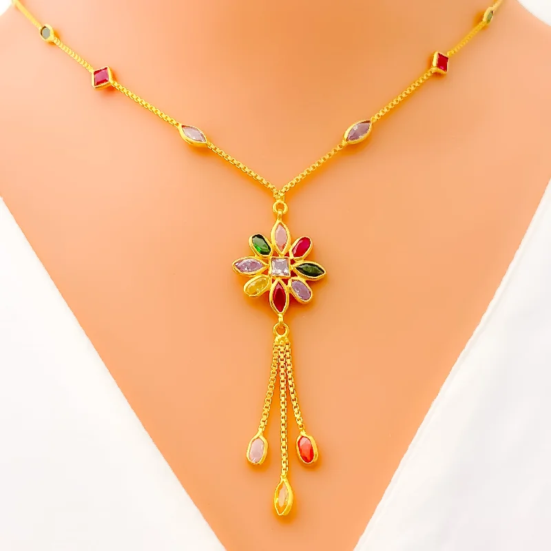 gold heart necklaces for women-Shimmering Flower 22k Gold CZ Mosaic Necklace