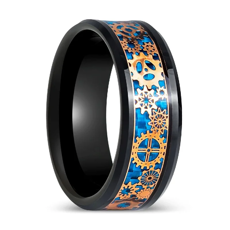 sparkling engagement rings for women-CARBULEUM | Black Tungsten Ring, Steampunk Carbon Fiber Inlay, Beveled