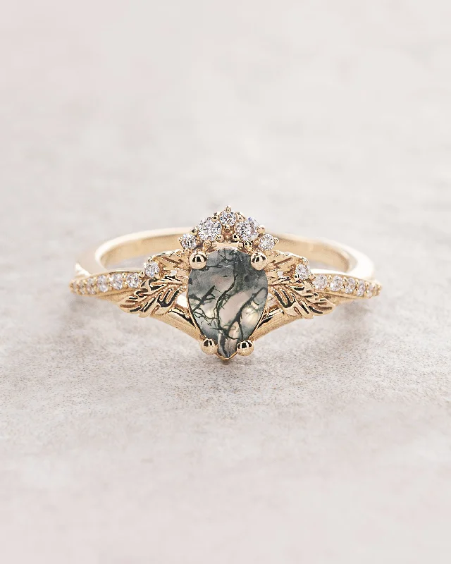 Diamond crown moss agate proposal ring / Amelia