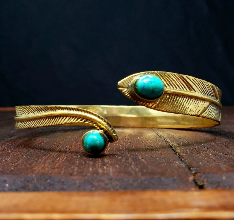 charm bangles for women-Turquoise Forest Feather Arm Cuff