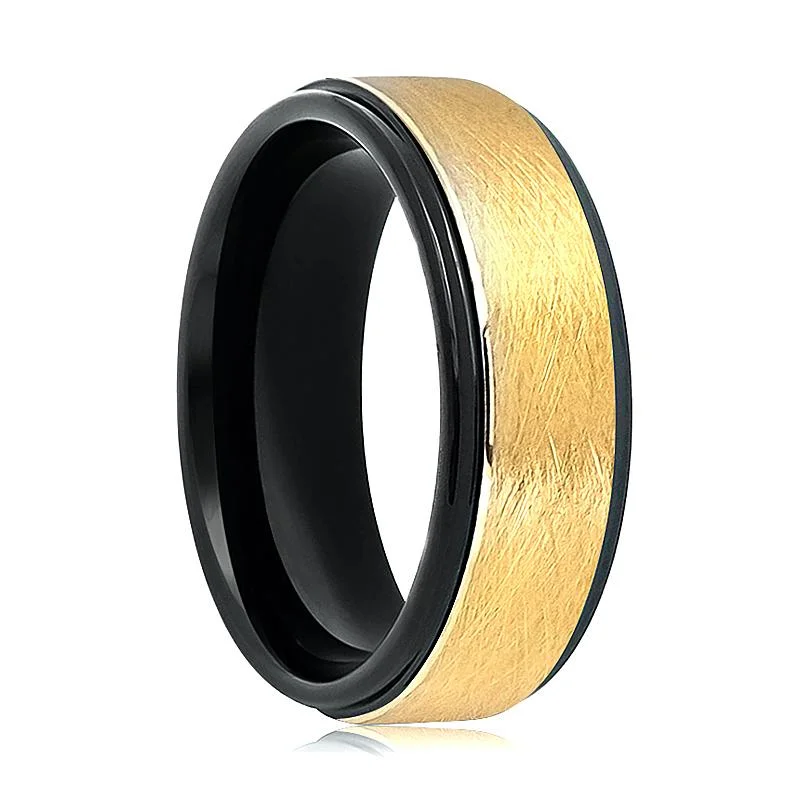 luxury solitaire engagement rings for women-REBECK | Black Tungsten Ring, Gold Wire Brushed, Stepped Edge