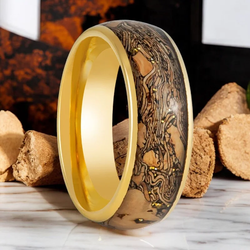 unique wedding engagement rings for women-CORKSHINE | Gold Tungsten Ring, Cork and Gold Glitter Inlay, Domed