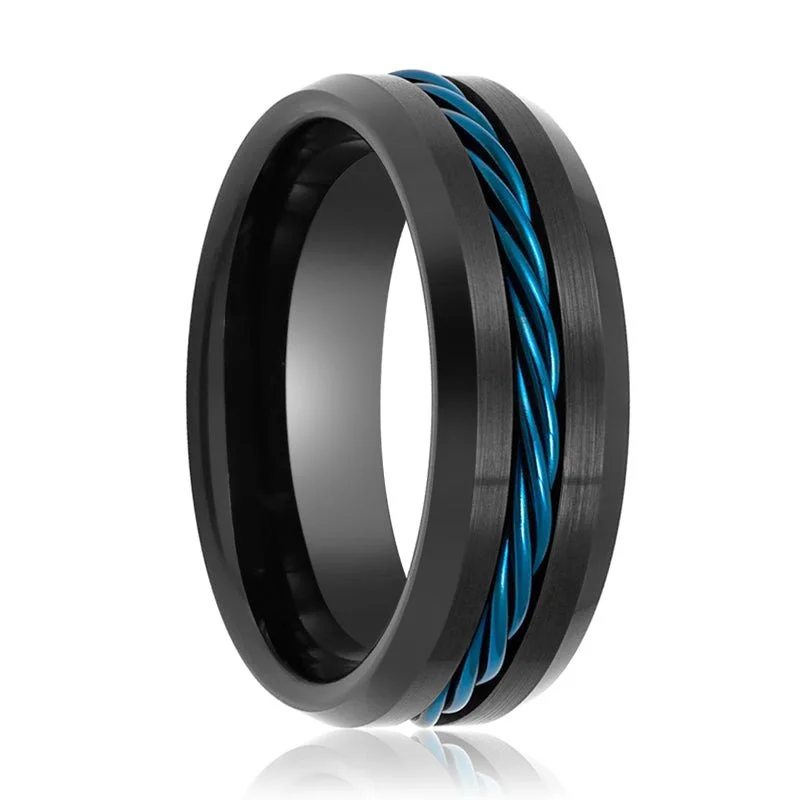 affordable custom-designed engagement rings for women-HAWK | Tungsten Ring Blue Rope Inlay