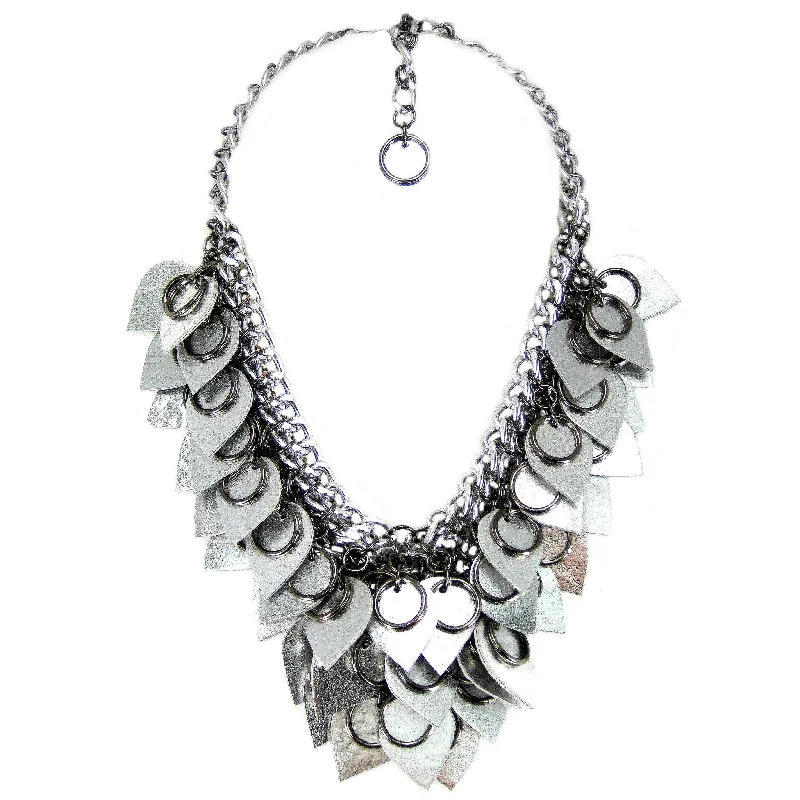 gold-plated necklaces for women-#1010n Chain Mail Bib Necklace with Silver Leather Scales & Gunmetal Rings