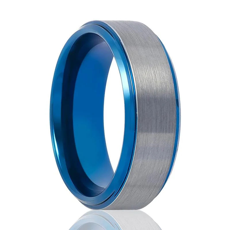 engagement rings with diamonds for women-OCEANIC | Blue Tungsten Ring, Brushed Center & Blue Stepped Edge