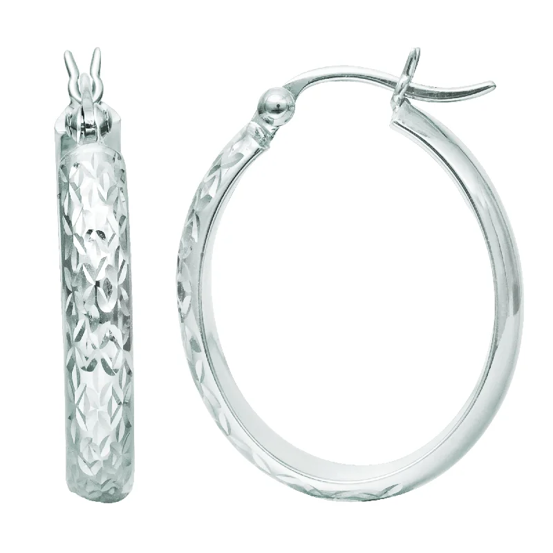 handmade earrings for women-14K White Gold Hammered Polished  Oval Hoop Earrings