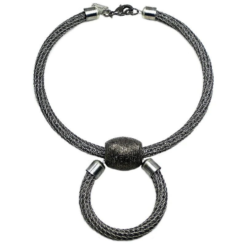 moon-shaped necklaces for women-#107n Gunmetal Metal Mesh Necklace With Hoop