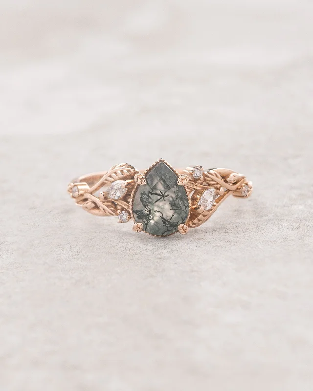 Elvish engagement ring with moss agate and diamonds, gold leaf branch proposal ring / Patricia