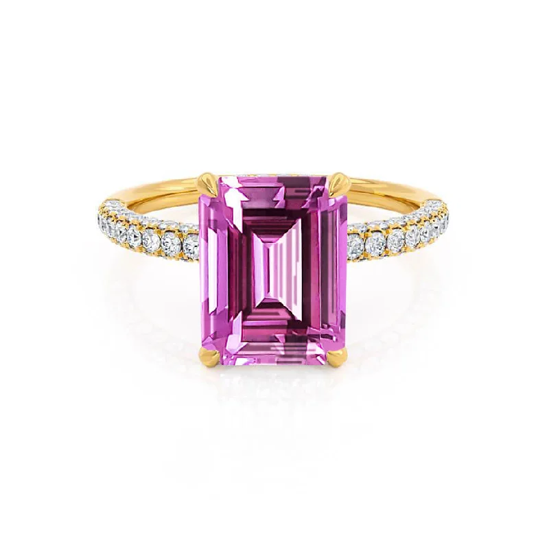 COCO - Chatham® Emerald Pink Sapphire & Diamond 18k Yellow Gold Petite Hidden Halo Triple Pavé Ring