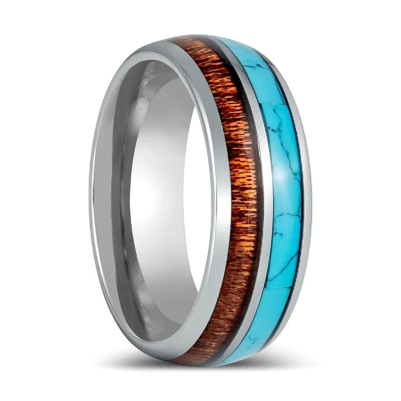 best selling engagement rings for women-TURKOA | Silver Tungsten Ring, Turquoise & Koa Wood Inlay, Domed