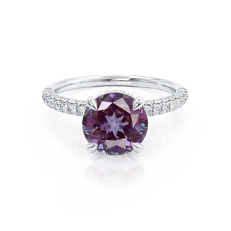 COCO- Chatham® Round Alexandrite & Diamond 18k White Gold Petite Hidden Halo Triple Pavé Shoulder Set Ring