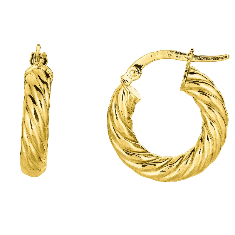 gold earrings for women-14K Yellow Gold Round Tube Twists Hoop Earring, Diameter 10mm