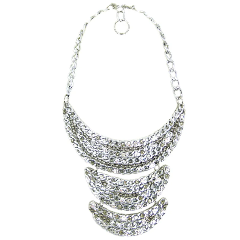 bridal necklaces for women-#1054n Chain & Rhinestone Encrusted Bib Necklace