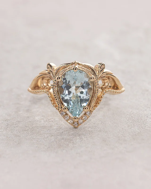 Engagement ring with aquamarine, big pear cut gemstone / Lida