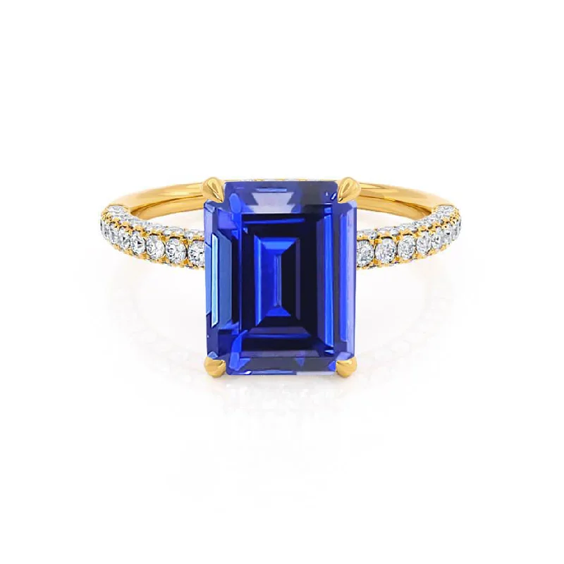 COCO - Chatham® Emerald Blue Sapphire & Diamond 18k Yellow Gold Petite Hidden Halo Triple Pavé Ring