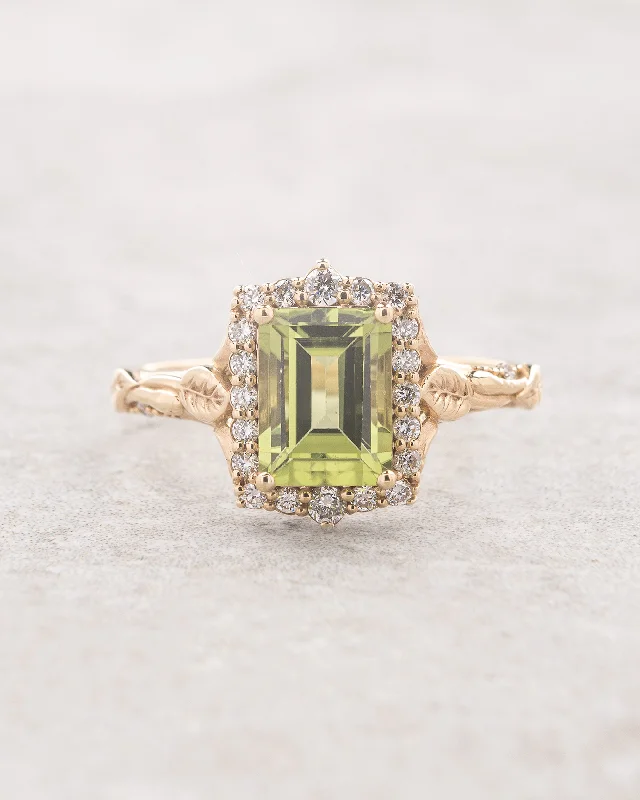 Vivid peridot engagement ring with diamond halo, emerald cut gemstone ring / Florentina