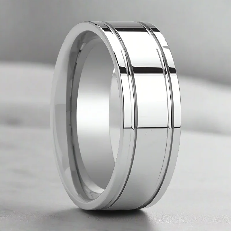 classic wedding engagement rings for women-ANCHORAGE | Silver Tungsten Ring, Shiny Dual Grooves, Flat