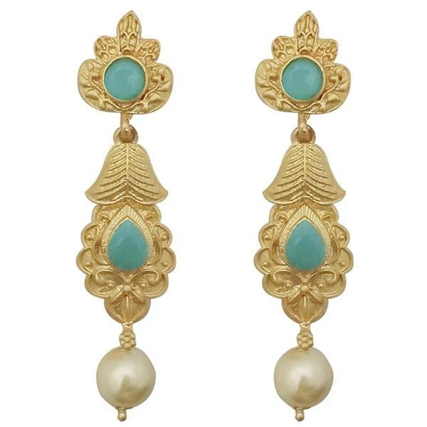 luxury earrings for women-Kriaa Blue Pota Stone Gold Plated Pearl Drop Dangler Earrings - 1313111C