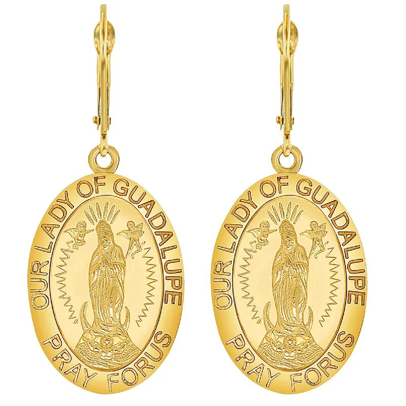 wedding earrings for women-Solid 14k Yellow Gold Our Lady Of Guadalupe Medallion Dangle Drop Earrings with Leverback