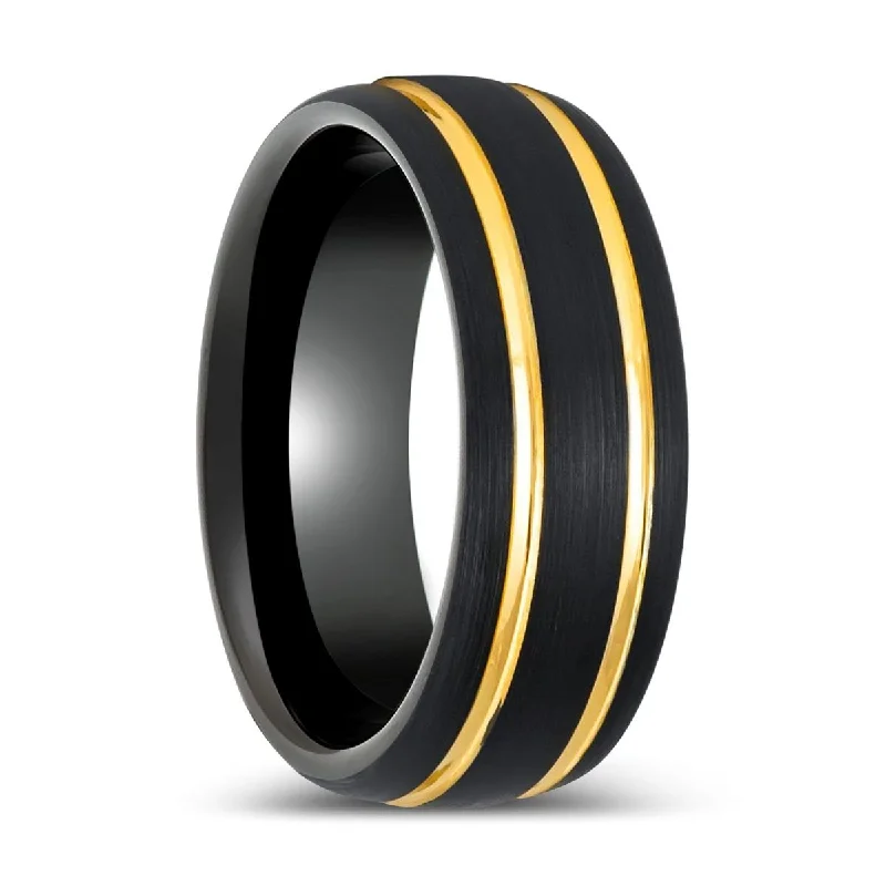 affordable engagement rings for women-CALLISTO | Black Tungsten Ring Two Yellow Grooves