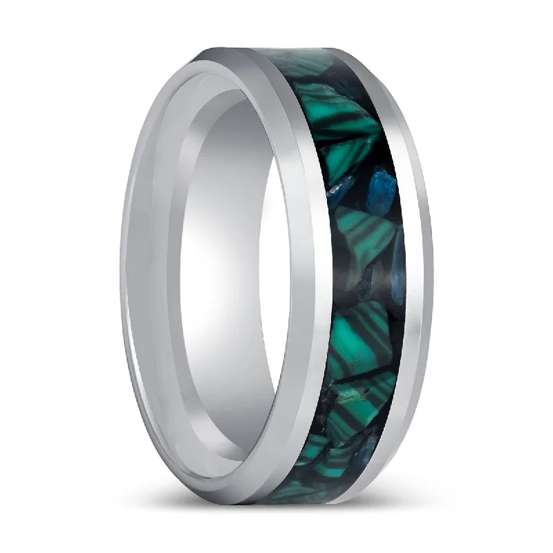 stackable engagement rings for women-WYNCOTE | Silver Tungsten Ring Malachite Chips Inlay