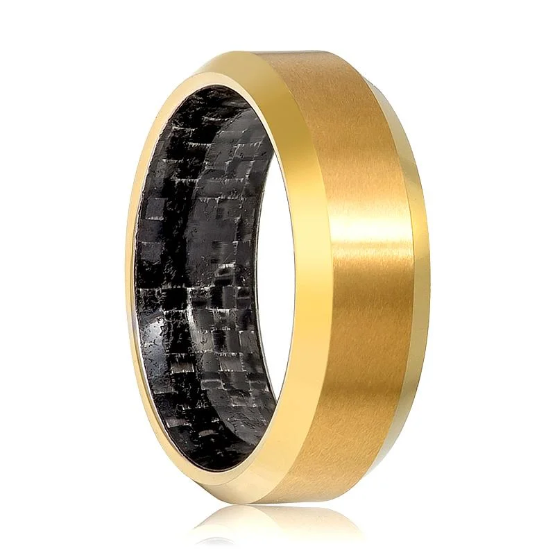 round-cut engagement rings for women-Shiny Polished Gold Tungsten Men's Wedding Band with Black Carbon Fiber Inlay - 8MM