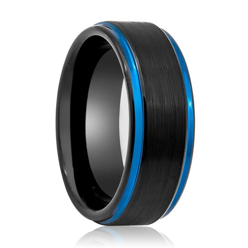 gemstone diamond engagement rings for women-BLIGHT | Black Tungsten Ring, Blue Edges, Stepped Edge