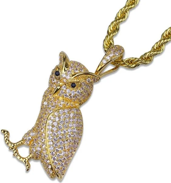 floral necklaces for women-Hip Hop Animal Necklace Copper Golden Iced Out Micro Pave CZ Stone Owl Pendant Necklaces 24" Stainless Steel Rope Chain