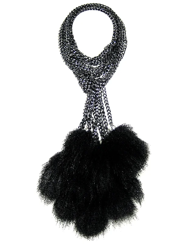 diamond pendant necklaces for women-#893n Black/Silver Chain Mail Lariat/Belt With Black Fur Tassel