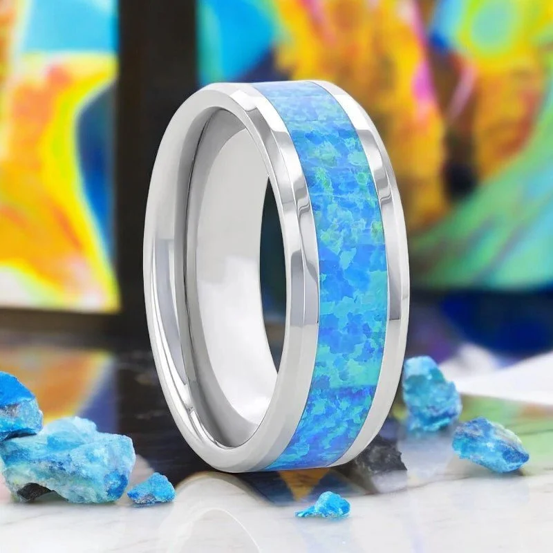 modern engagement rings for women-QUASAR | Tungsten Ring Blue Green Opal Inlay