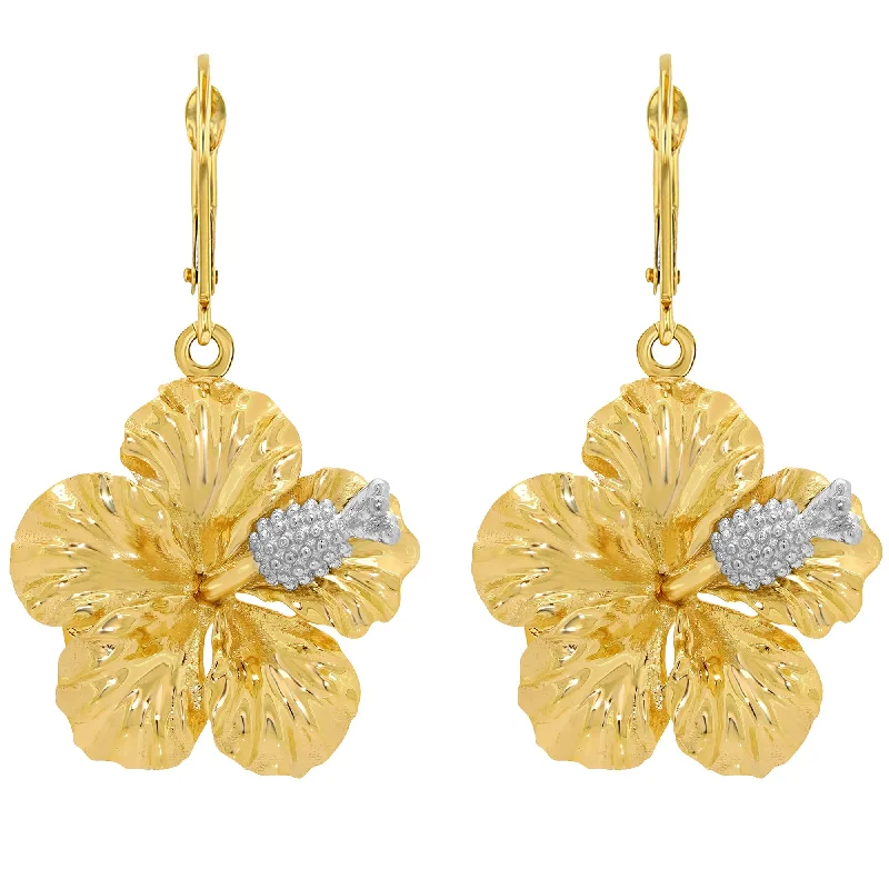 gold diamond earrings for women-14k Solid Gold Hibiscus Charm Textured Flower Earrings with Leverback - Two-Tone Gold