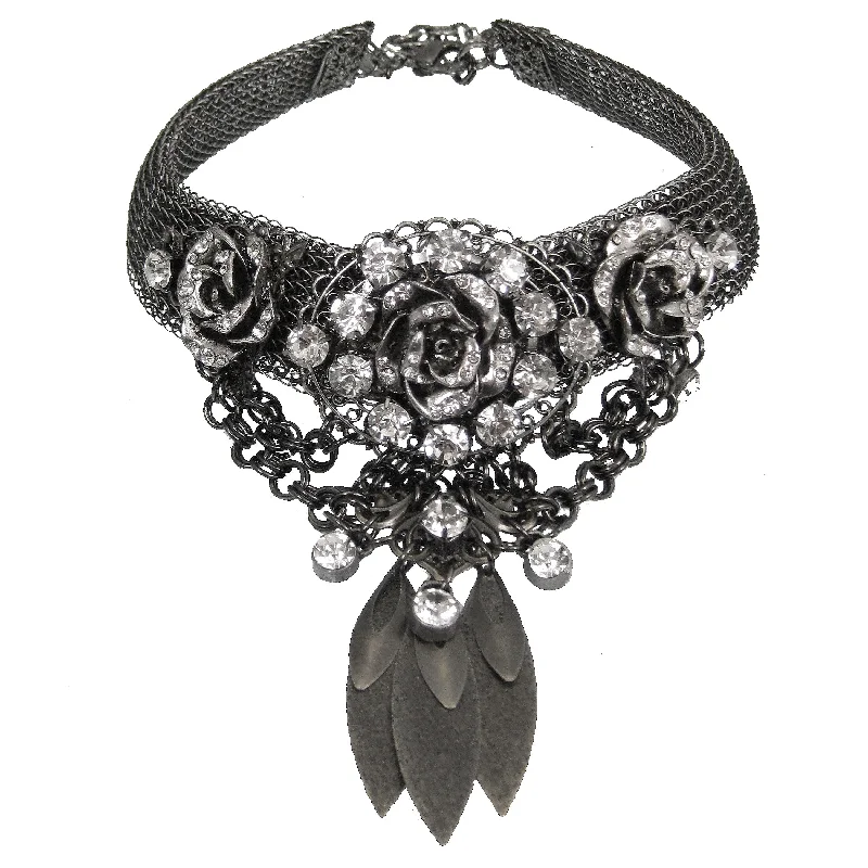 unique design necklaces for women-#1137n Gunmetal Metal Mesh Collar & Bib With Rhinestone & Filgree Floral Detail