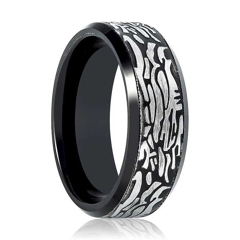 timeless engagement rings for women-ROCKFORGE | Black Tungsten Ring, Laser Carved Rock Art Pattern, Beveled