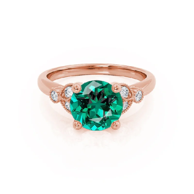 DELILAH - Chatham® Round Emerald 18k Rose Gold Shoulder Set Ring