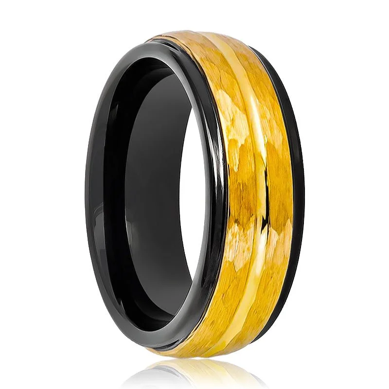 affordable solitaire engagement rings for women-Two Tone Black Inside and yellow Gold Hammered Finish with Center Groove Stepped Edge