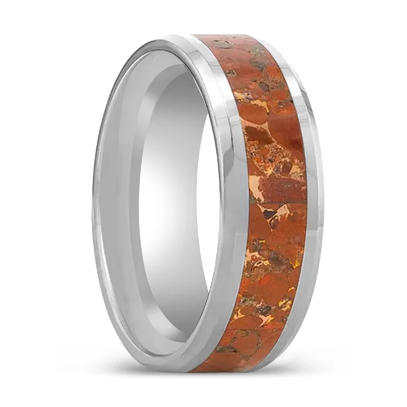 stunning engagement rings for women-CROWN | Tungsten Ring, Orange Copper Conglomerate Inlay, Beveled Edges