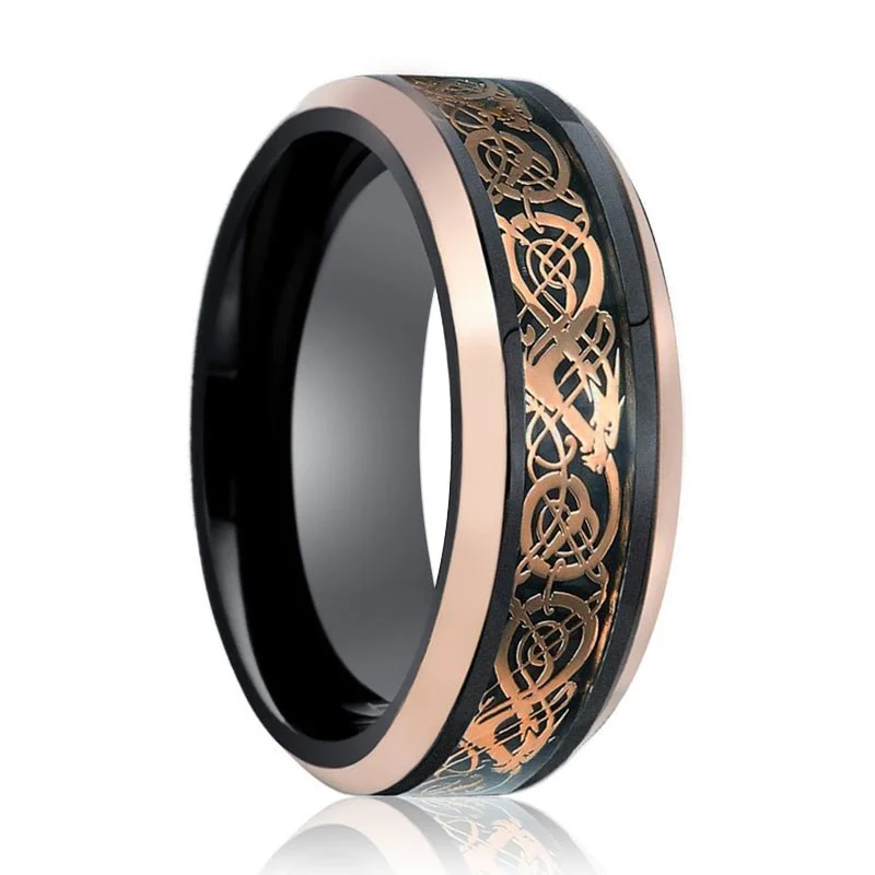 custom diamond engagement rings for women-PROTO | Black Tungsten Ring, Rose Gold Celtic Cut-Out Design, Rose Gold Beveled