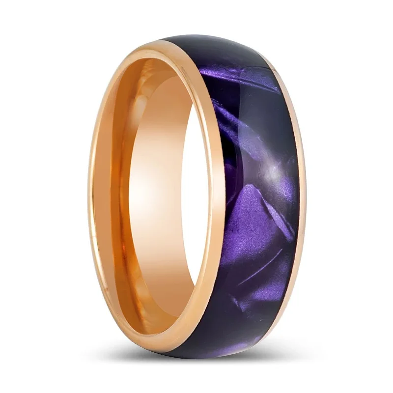 round-cut engagement rings for women-PURPLENA | Rose Gold Tungsten Ring, Purple Cowrie Inlay