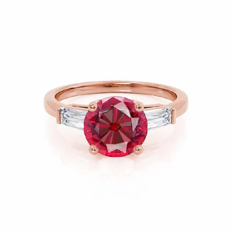 LOVETTA - Chatham® Round Ruby & Diamond Baguette 18k Rose Gold Trilogy