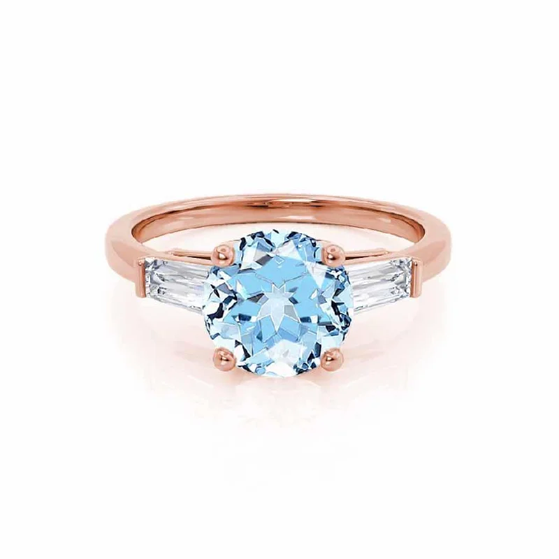 LOVETTA - Chatham® Round Aqua Spinel & Diamond Baguette 18k Rose Gold Trilogy