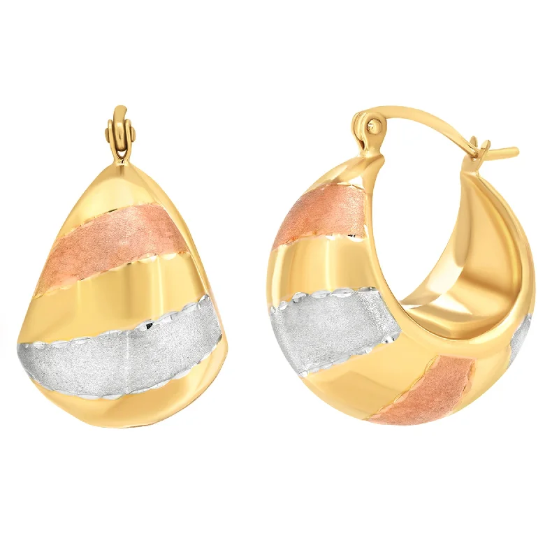 matching earrings for women-14k Yellow Gold Bold Dome Hoop Earrings with Latch Back - Tri-Tone