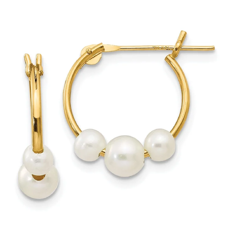 gemstone earrings for women-14k Real Yellow Gold and White Semi Round Freshwater Cultured 3 Pearl Hoop Earrings, 15mm