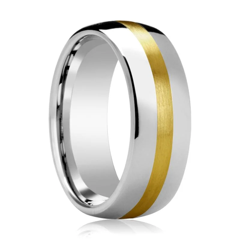 romantic engagement rings for women-CENTURION | Silver Tungsten Ring, 14k Yellow Gold Stripe Inlay, Domed