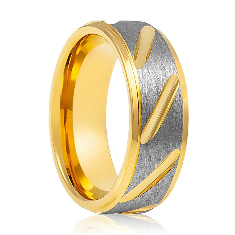 custom rose gold engagement rings for women-TASOS | Tungsten Ring Gray & Yellow Notched