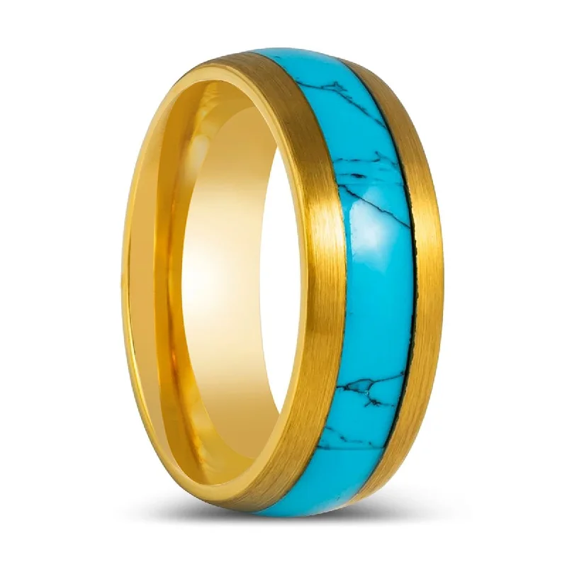 bridal set engagement rings for women-CYANITE | Yellow Gold Ring, Domed Ring, Blue Turquoise Inlay