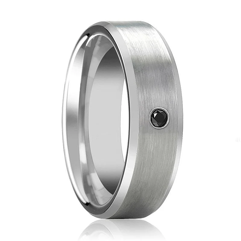 round-cut engagement rings for women-RUDRA | Silver Tungsten Ring with Black Diamond