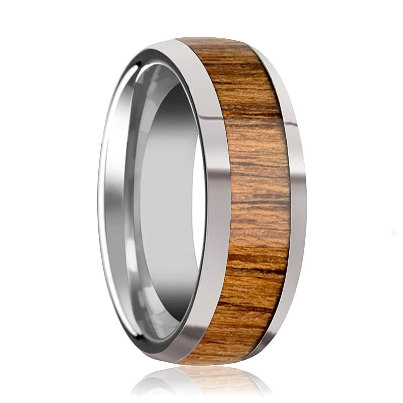 modern round engagement rings for women-THEKKA | Silver Tungsten Ring, Teak Wood Inlay, Domed