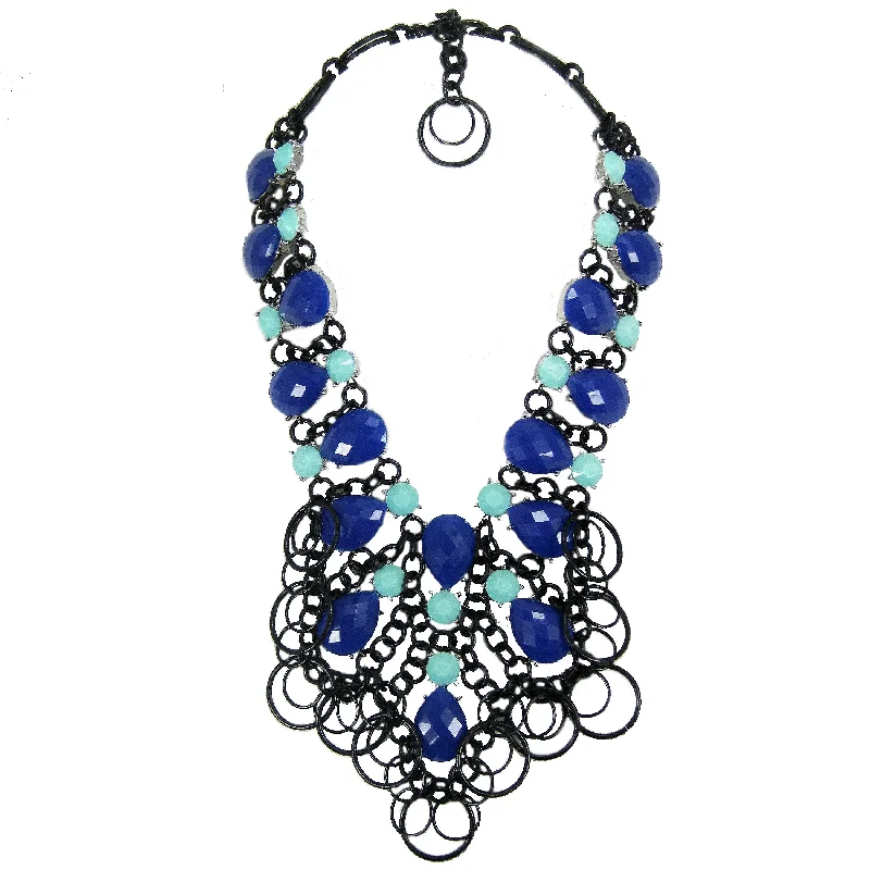 classic gold necklaces for women-#1080n Cobalt Blue, Aqua & Black Bib Necklace