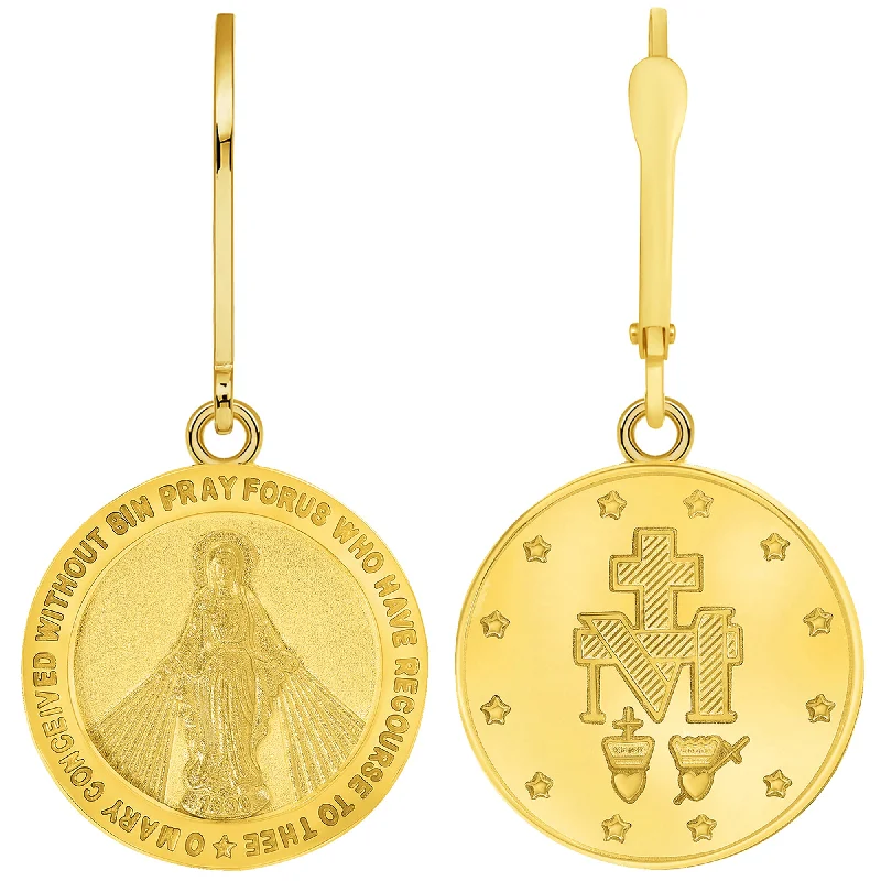 affordable earrings for women-Solid 14k Yellow Gold Classic Miraculous Medallion of the Virgin Mary Dangle Drop Earrings with Leverback